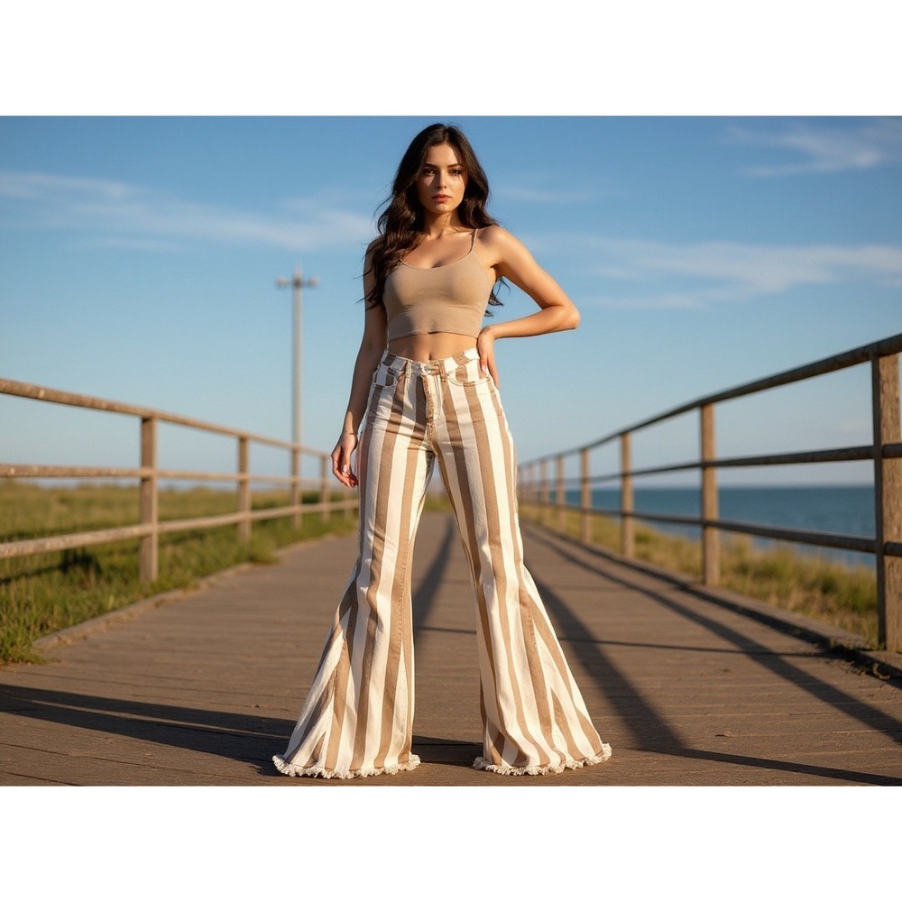 Attard State Women XS Striped Flare Bell Bottom Jeans Beige White‎ Frayed  boho